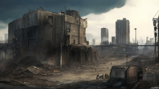 Post-apocalyptic cityscape with ruins in the foreground and hazy skyscrapers in the background, showing the aftermath of a catastrophic event.